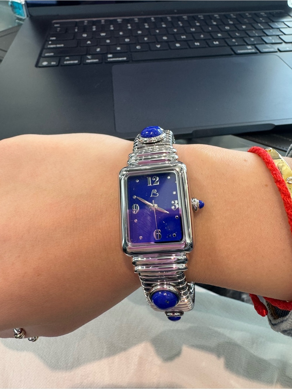 Colleen Lopez HSN Lapis Lazuli Gemstone Dial Rectangular Silver-Tone Cuff Watch